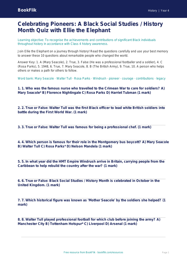 Free Black History Month Quiz | Class 4 | Social Studies / History | BookFlik worksheet preview — History Black History Month