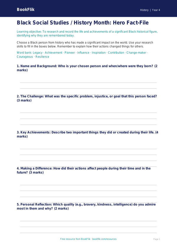 Black History Month Worksheet for Class 4 | CBSE Social Studies | BookFlik worksheet preview — History Black History Month