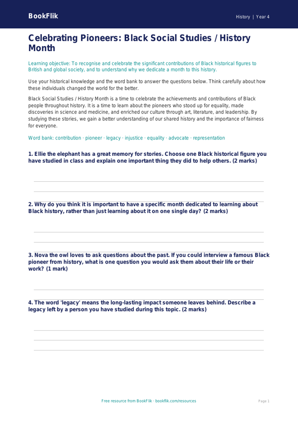 Social Studies / History black history month worksheet class 4 core worksheet preview — History Black History Month