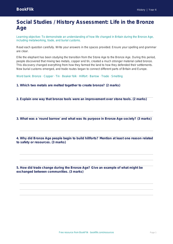 Free Bronze Age Assessment | Class 4 | Social Studies / History | BookFlik worksheet preview — History Bronze Age