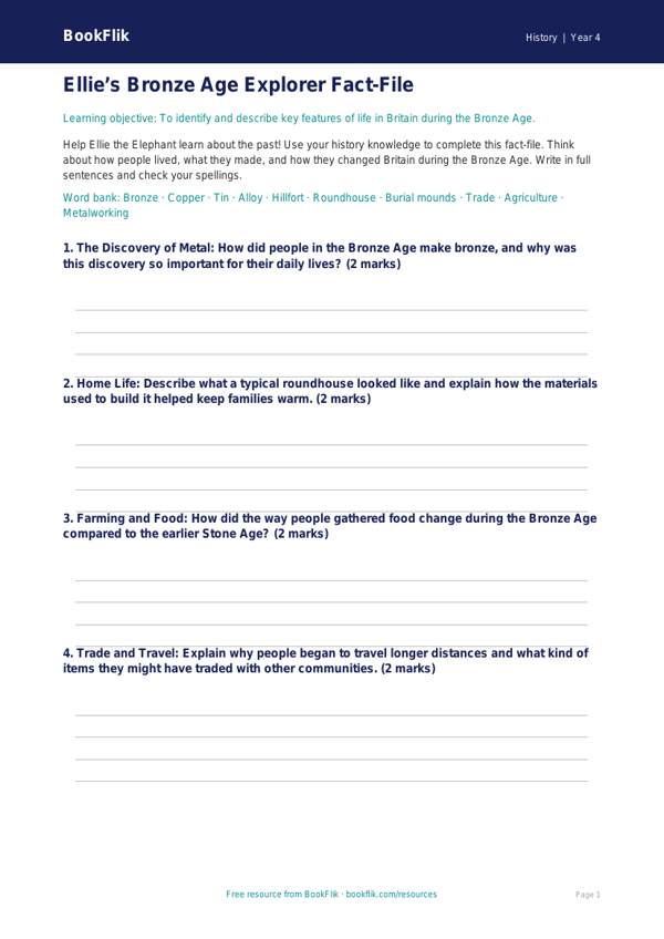 Free Bronze Age Template | Class 4 | Social Studies / History | BookFlik worksheet preview — History Bronze Age