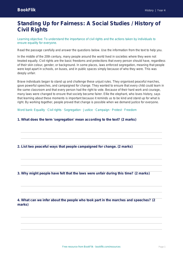 Social Studies / History civil rights comprehension class 4 core worksheet preview — History Civil Rights