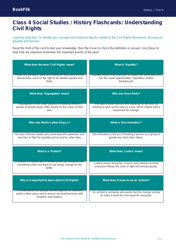 Civil Rights for Kids: Class 4 Social Studies Learning Resource | BookFlik worksheet preview — History Civil Rights