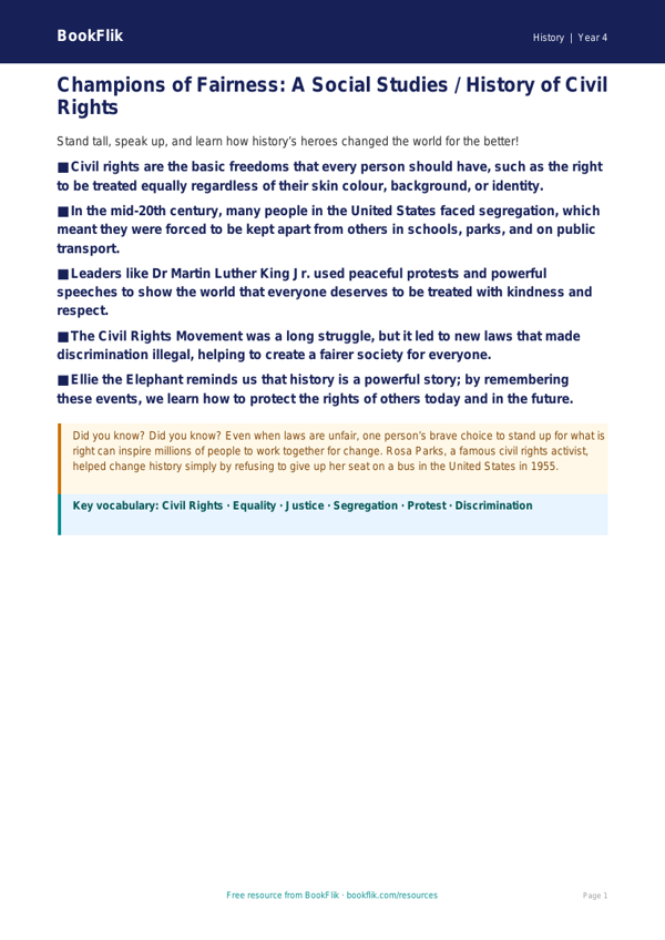 Social Studies / History civil rights poster class 4 core worksheet preview — History Civil Rights