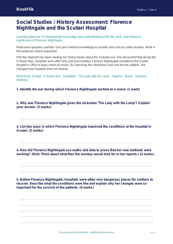 Free Florence Nightingale Assessment | Class 4 | Social Studies / History | BookFlik worksheet preview — History Florence Nightingale