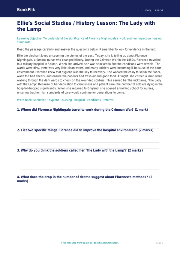 Free Florence Nightingale Comprehension | Class 4 | Social Studies / History | BookFlik worksheet preview — History Florence Nightingale