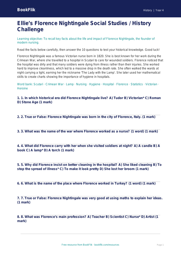 Social Studies / History florence nightingale quiz class 4 core worksheet preview — History Florence Nightingale