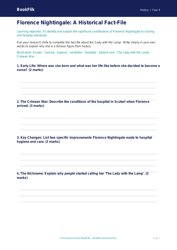 Free Florence Nightingale Template | Class 4 | Social Studies / History | BookFlik worksheet preview — History Florence Nightingale