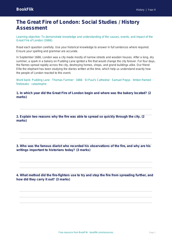 Social Studies / History great fire of london assessment class 4 core worksheet preview — History Great Fire Of London