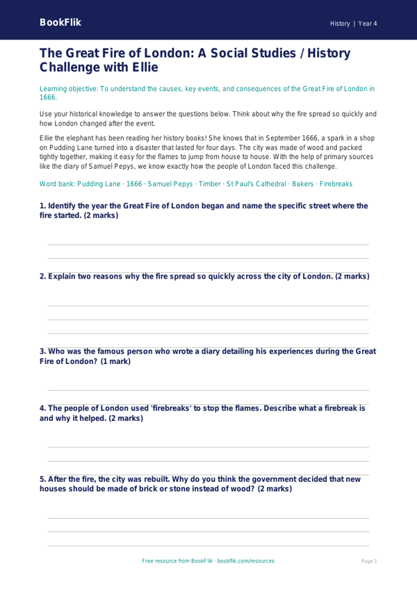 Free Great Fire Of London Worksheet | Class 4 | Social Studies / History | BookFlik worksheet preview — History Great Fire Of London
