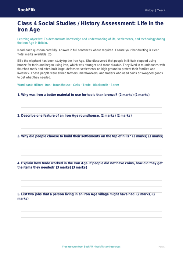 Free Iron Age Assessment | Class 4 | Social Studies / History | BookFlik worksheet preview — History Iron Age