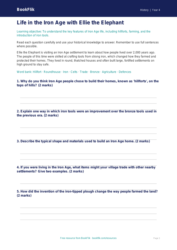 Free Iron Age Worksheet | Class 4 | Social Studies / History | BookFlik worksheet preview — History Iron Age