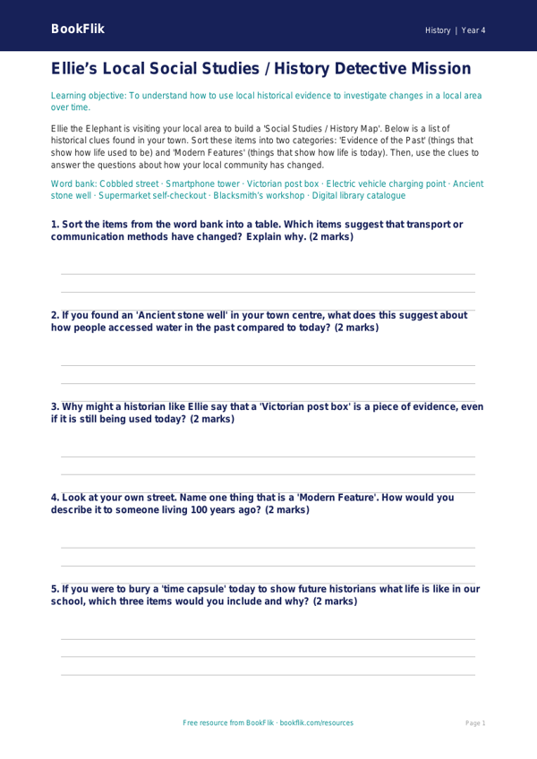 Free Local History Activity Sheet | Class 4 | Social Studies / History | BookFlik worksheet preview — History Local History
