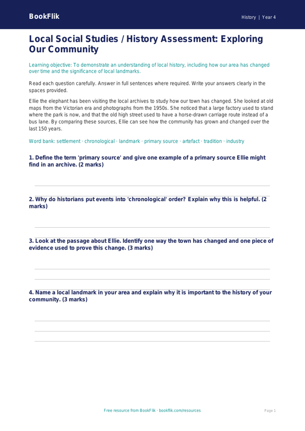Social Studies / History local history assessment class 4 core worksheet preview — History Local History