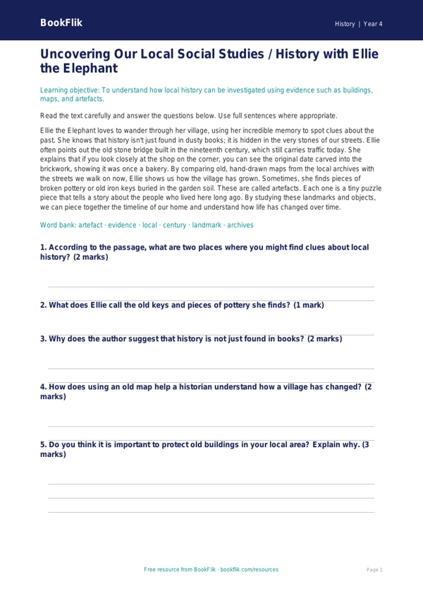 Social Studies / History local history comprehension class 4 core worksheet preview — History Local History