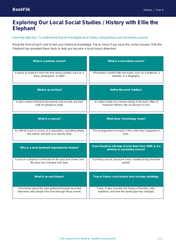 Free Local History Flashcards | Class 4 | Social Studies / History | BookFlik worksheet preview — History Local History