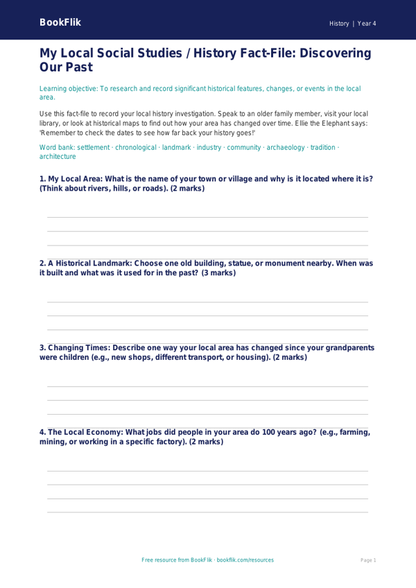 Free Local History Template | Class 4 | Social Studies / History | BookFlik worksheet preview — History Local History