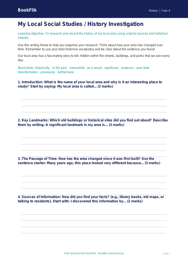 Free Local History Writing Frame | Class 4 | Social Studies / History | BookFlik worksheet preview — History Local History