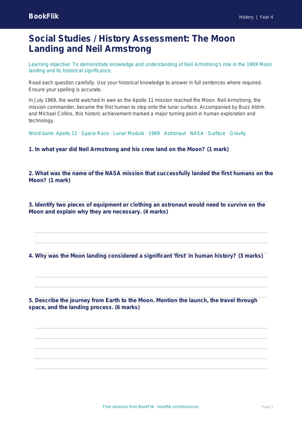 Social Studies / History neil armstrong assessment class 4 core worksheet preview — History Neil Armstrong