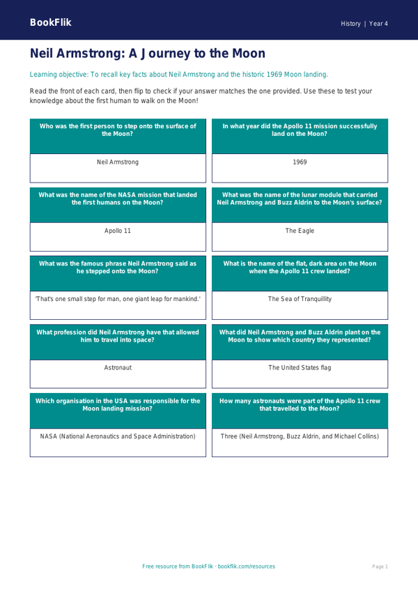 Neil Armstrong Flashcards for Class 4 | CBSE Social Studies | BookFlik worksheet preview — History Neil Armstrong