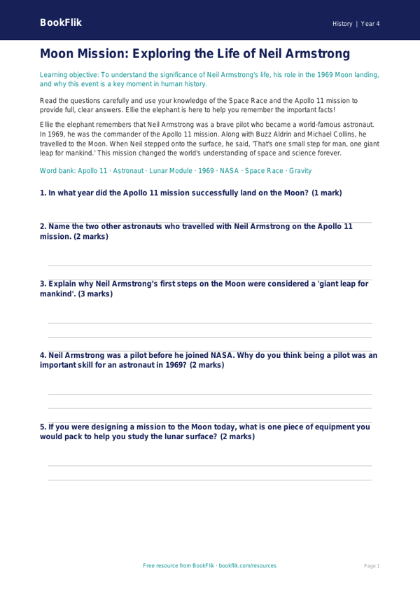 Free Neil Armstrong Worksheet | Class 4 | Social Studies / History | BookFlik worksheet preview — History Neil Armstrong
