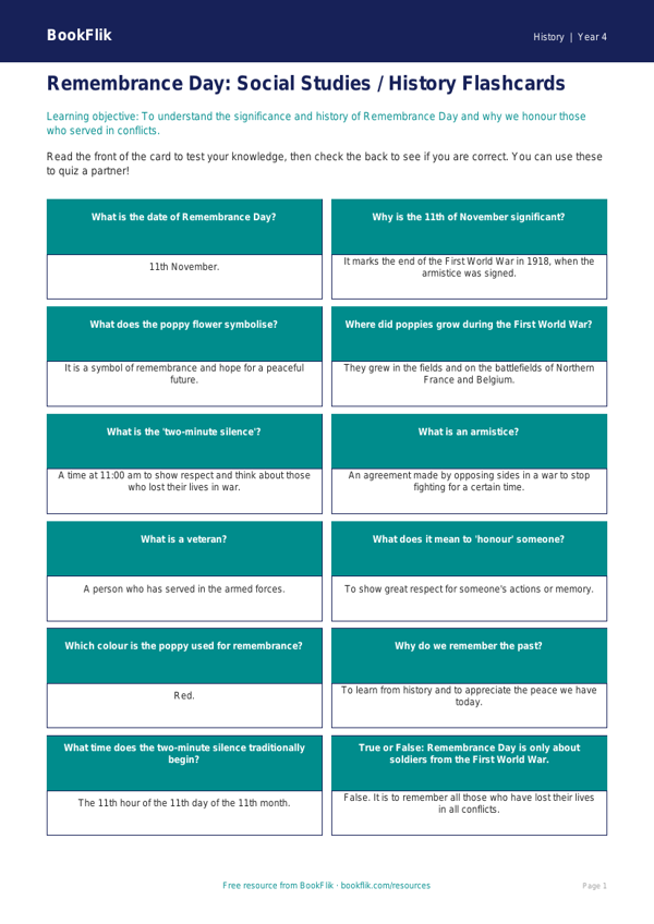 Remembrance Day Flashcards for Class 4 | CBSE Social Studies | BookFlik worksheet preview — History Remembrance Day
