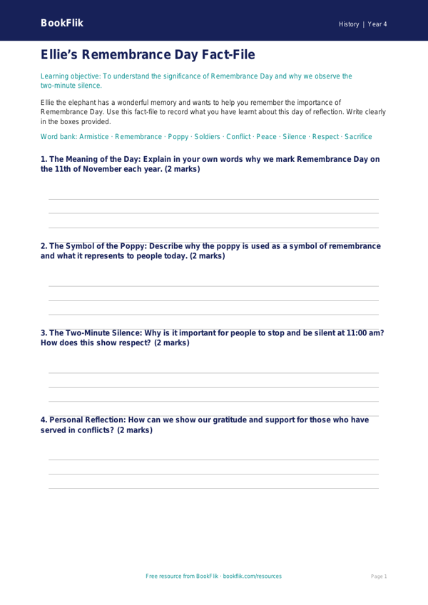 Free Remembrance Day Template | Class 4 | Social Studies / History | BookFlik worksheet preview — History Remembrance Day