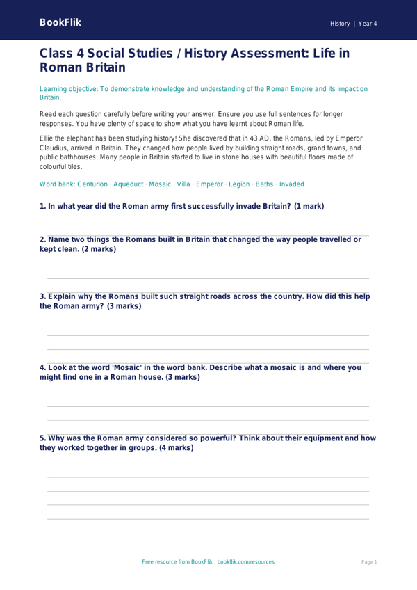 Social Studies / History romans assessment class 4 core worksheet preview — History Romans