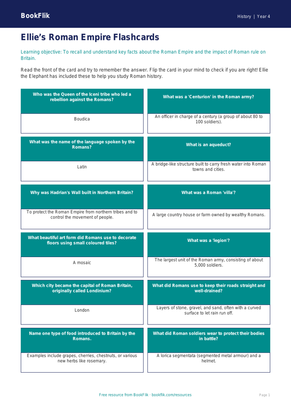 Free Romans Flashcards | Class 4 | Social Studies / History | BookFlik worksheet preview — History Romans