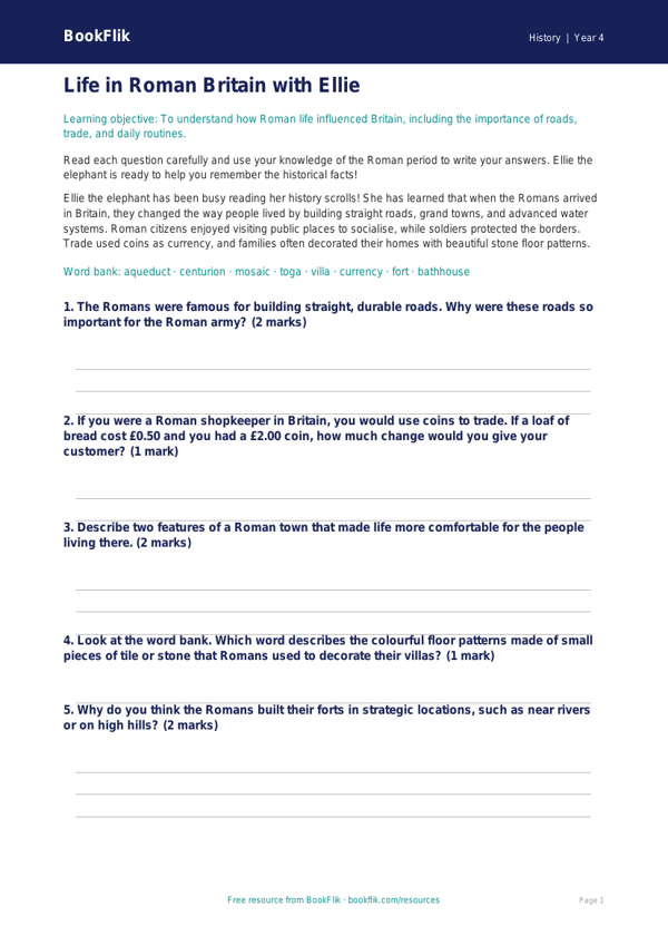 Free Romans Worksheet | Class 4 | Social Studies / History | BookFlik worksheet preview — History Romans