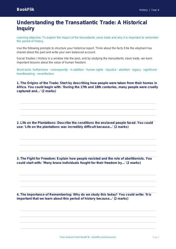 Free Slavery Writing Frame | Class 4 | Social Studies / History | BookFlik worksheet preview — History Slavery
