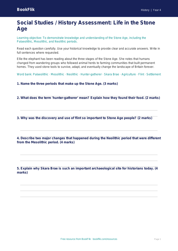 Free Stone Age Assessment | Class 4 | Social Studies / History | BookFlik worksheet preview — History Stone Age