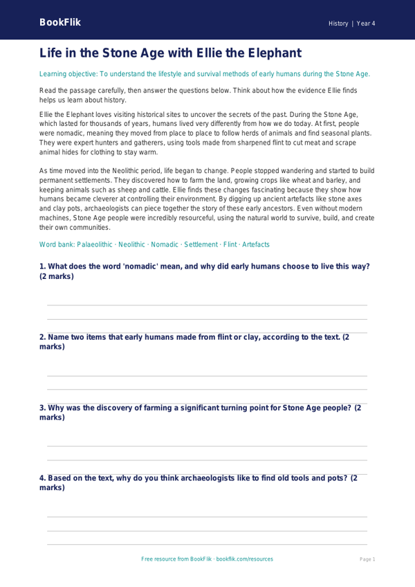 Free Stone Age Comprehension | Class 4 | Social Studies / History | BookFlik worksheet preview — History Stone Age