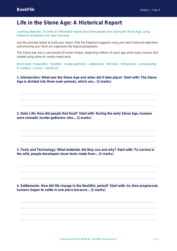 Free Stone Age Writing Frame | Class 4 | Social Studies / History | BookFlik worksheet preview — History Stone Age