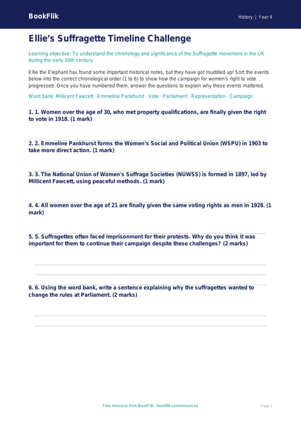 Free Suffragettes Activity Sheet | Class 4 | Social Studies / History | BookFlik worksheet preview — History Suffragettes