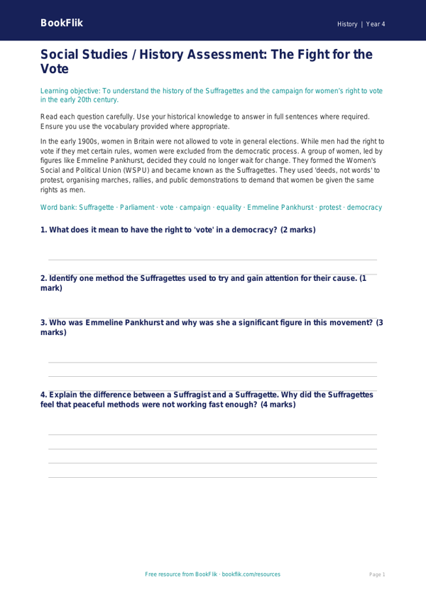 Free Suffragettes Assessment | Class 4 | Social Studies / History | BookFlik worksheet preview — History Suffragettes