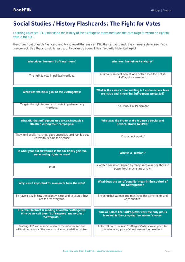 Free Suffragettes Flashcards | Class 4 | Social Studies / History | BookFlik worksheet preview — History Suffragettes