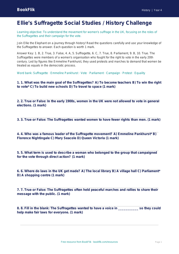 Free Suffragettes Quiz | Class 4 | Social Studies / History | BookFlik worksheet preview — History Suffragettes