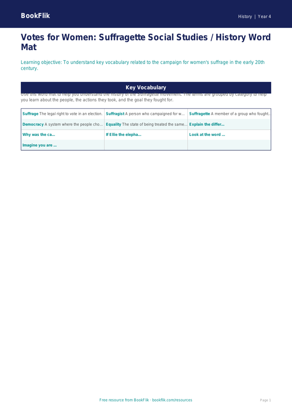 Free Suffragettes Word Mat | Class 4 | Social Studies / History | BookFlik worksheet preview — History Suffragettes