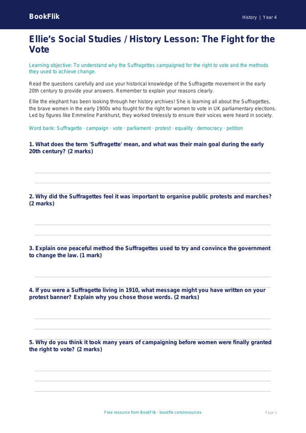 Social Studies / History suffragettes worksheet class 4 core worksheet preview — History Suffragettes