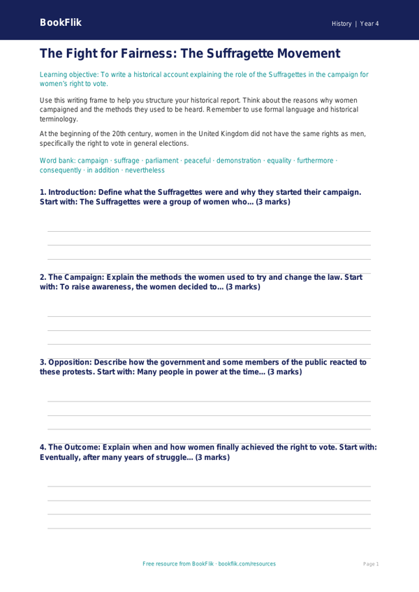 Free Suffragettes Writing Frame | Class 4 | Social Studies / History | BookFlik worksheet preview — History Suffragettes