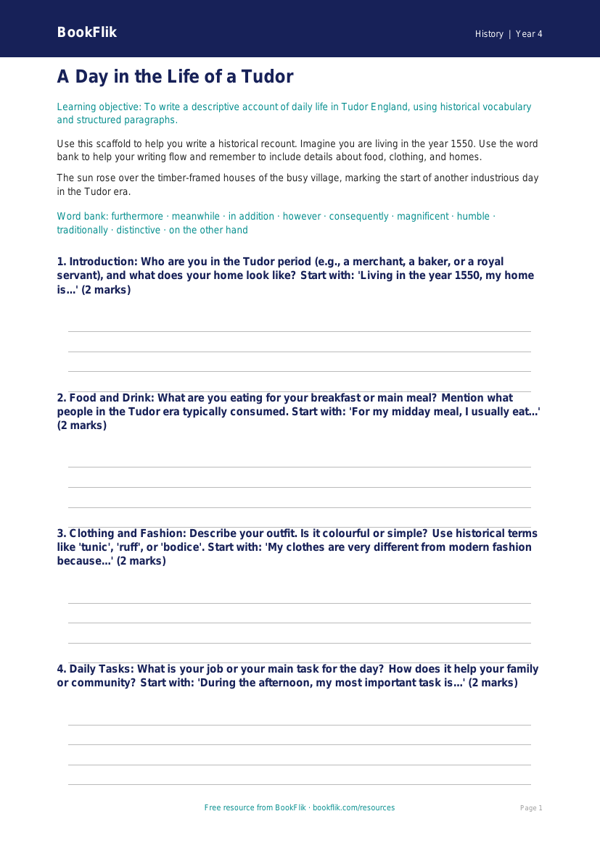 Tudors History Worksheet for Class 4 | CBSE Social Studies | BookFlik worksheet preview — History Tudors
