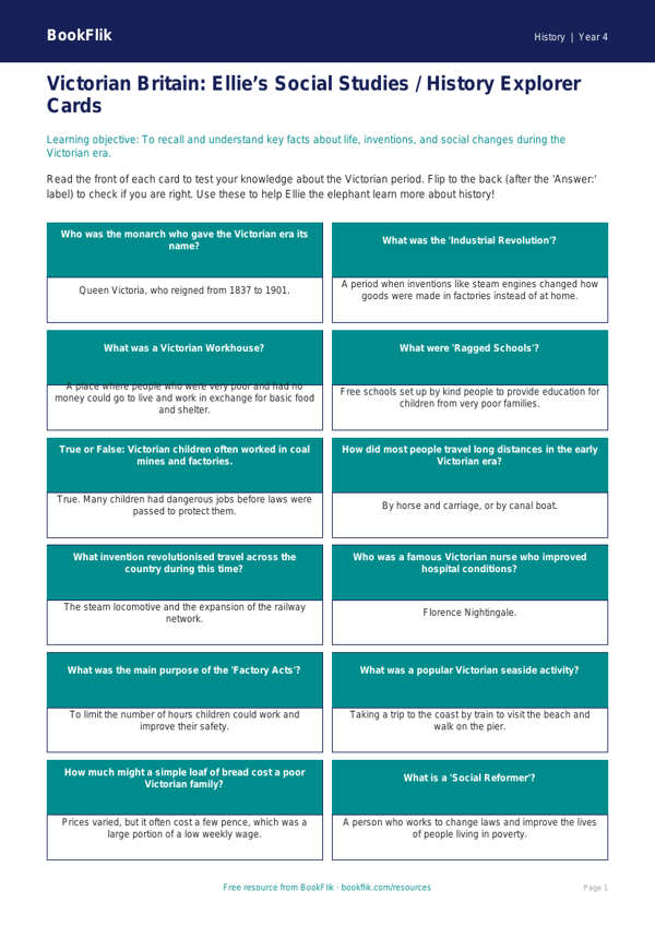 Free Victorians Flashcards | Class 4 | Social Studies / History | BookFlik worksheet preview — History Victorians