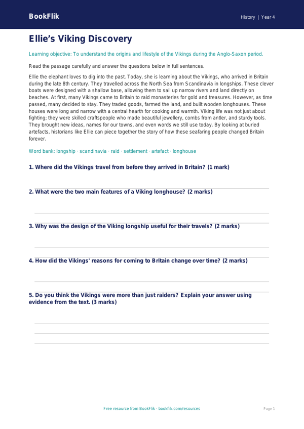 Free Vikings Comprehension | Class 4 | Social Studies / History | BookFlik worksheet preview — History Vikings