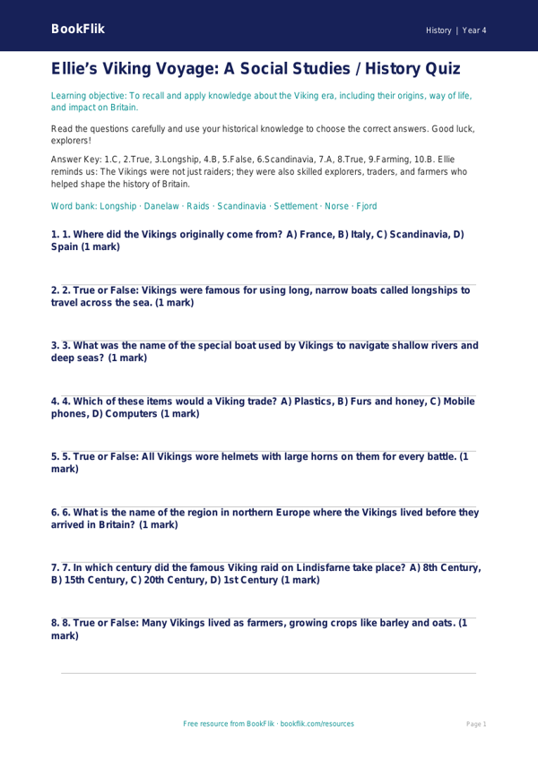 Free Vikings Quiz | Class 4 | Social Studies / History | BookFlik worksheet preview — History Vikings