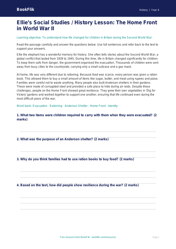 Free WWII Comprehension | Class 4 | Social Studies / History | BookFlik worksheet preview — History Ww2