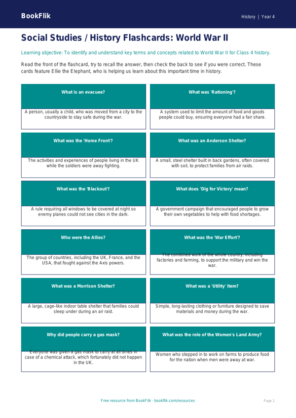 Social Studies / History ww2 flashcards class 4 core worksheet preview — History Ww2