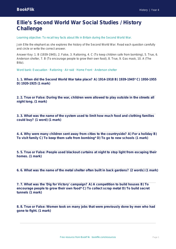 Free WW2 Quiz | Class 4 | Social Studies / History | BookFlik worksheet preview — History Ww2