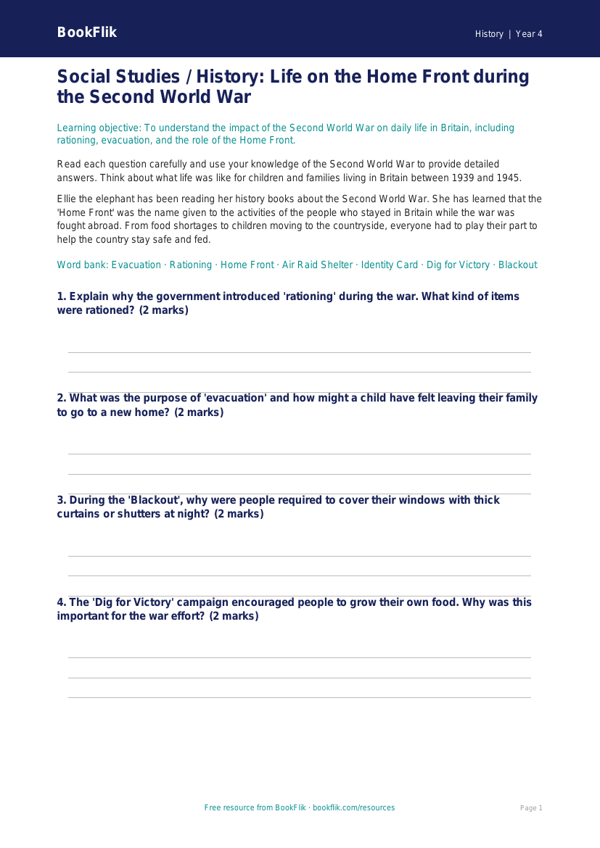 Free WW2 Worksheet | Class 4 | Social Studies / History | BookFlik worksheet preview — History Ww2