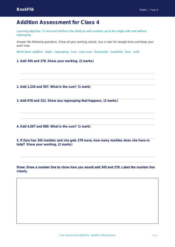 Free Addition Assessment | Class 4 | Maths | BookFlik worksheet preview — Maths Addition